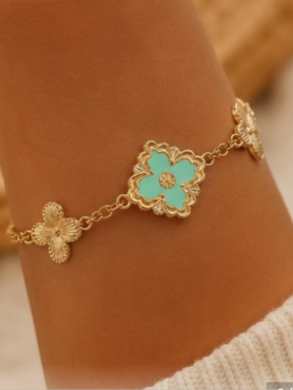 Designer Inspired Gold Turquoise Floral Clover Charm Bracelet Adjustable
